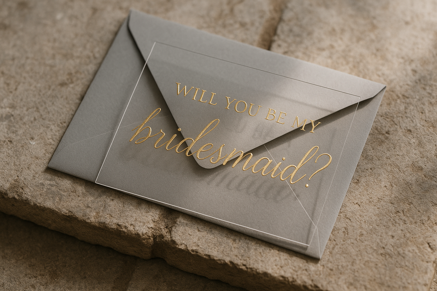 Can you please add transparent cards with gold embossed writing in soft gold " Will you be my bridesmaid?" In a soft grey envelope sticking out of in displayed in a rustic cement tile 